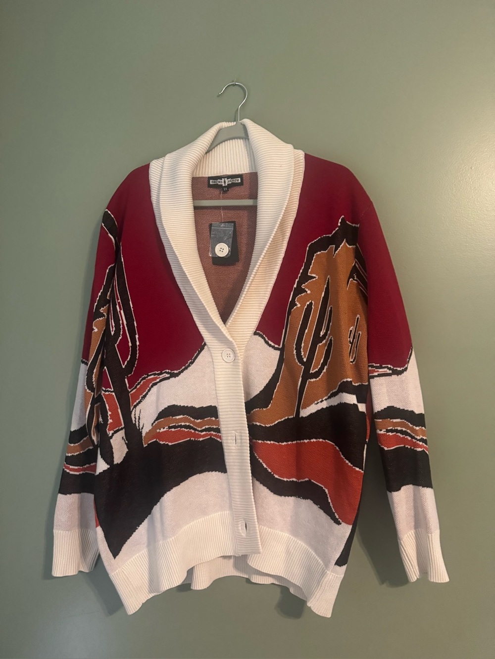 Shawl Collar Desert Motif Cardigan - Red, White, Brown